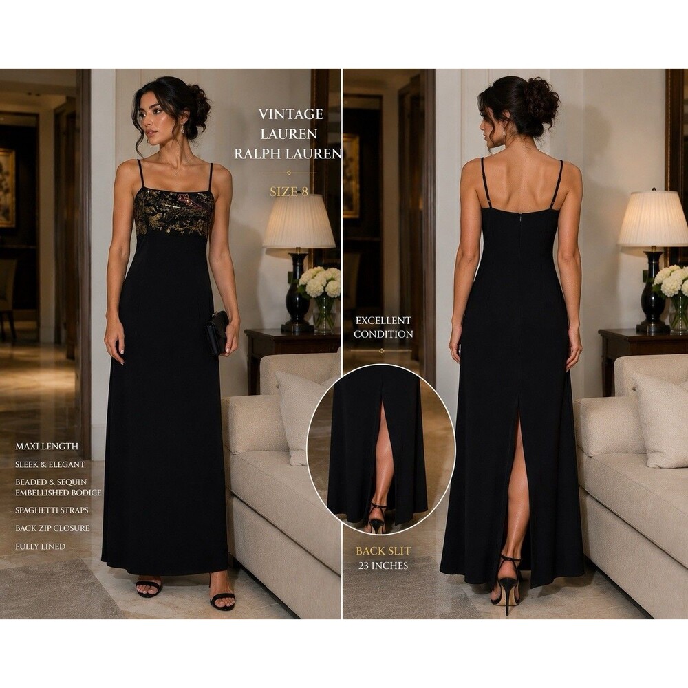Vintage Lauren Ralph Y2K Lauren Black Beaded Sequin Maxi Dress Sz 8 Formal Gown